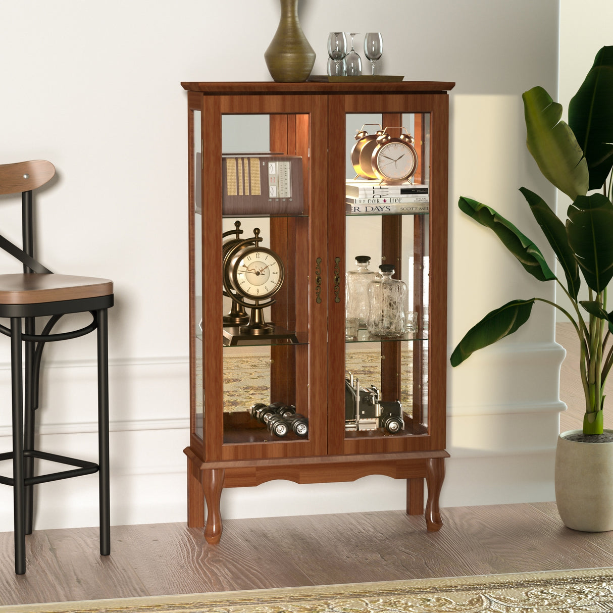 3-Tier Lighted Curio Display Cabinet with Adjustable Shelves and Tempered Glass Doors,Bulb not included
