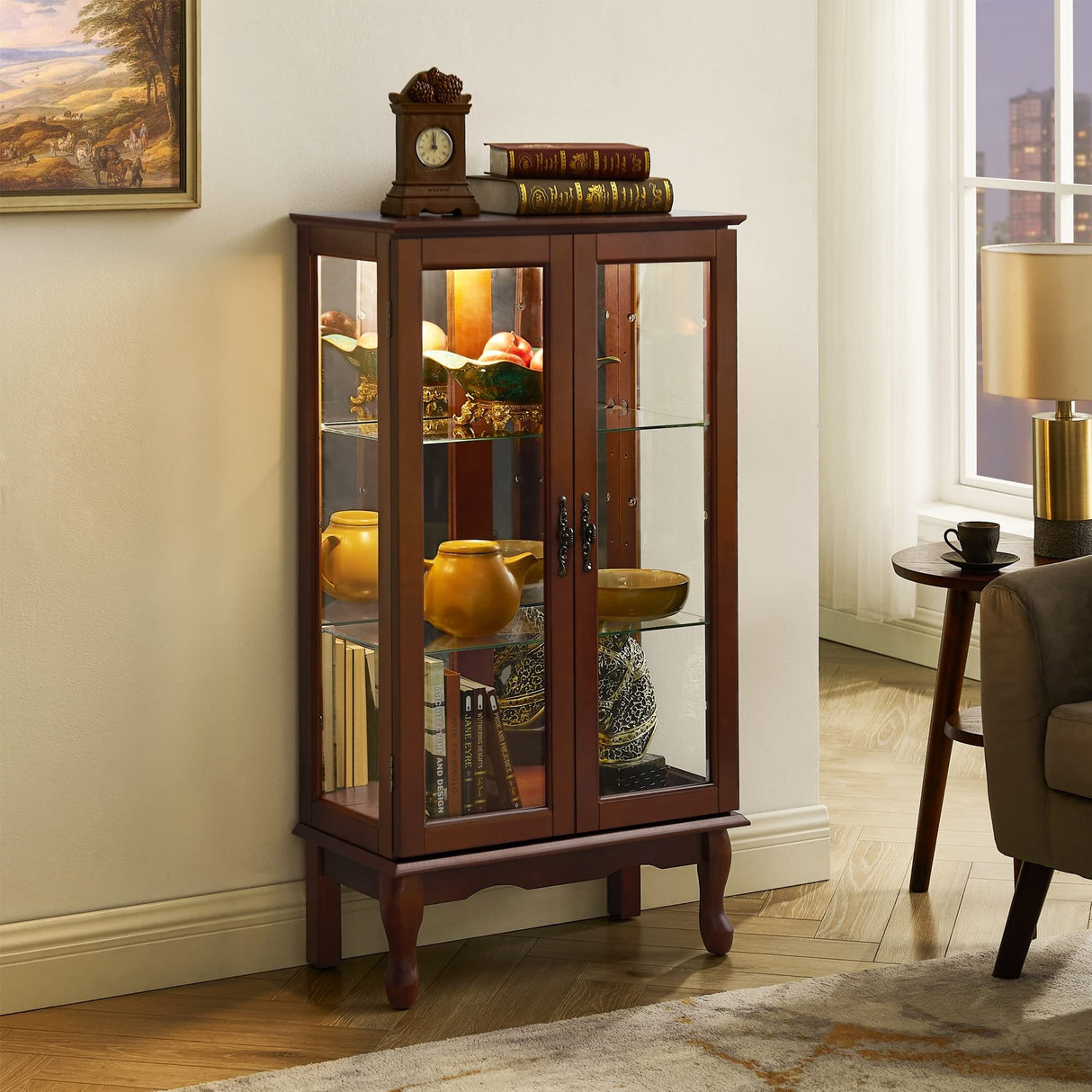 3-Tier Lighted Curio Display Cabinet with Adjustable Shelves and Tempered Glass Doors,Bulb not included