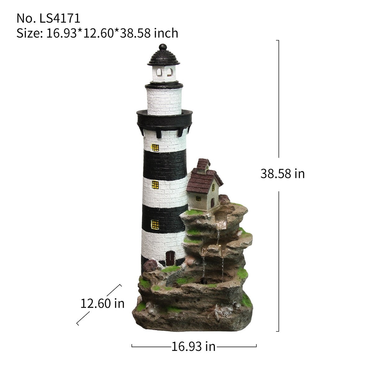 3-Tier Lighthouse Floor Waterfall Fountain with LED Lights for Outdoor Decor