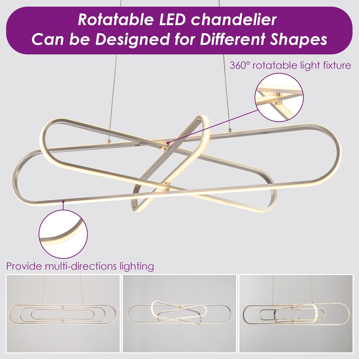 3-Tier Modern Linear Sputnik Geometric LED Pendant Light Circle Ring Adjustable Integrated LED Chandelier