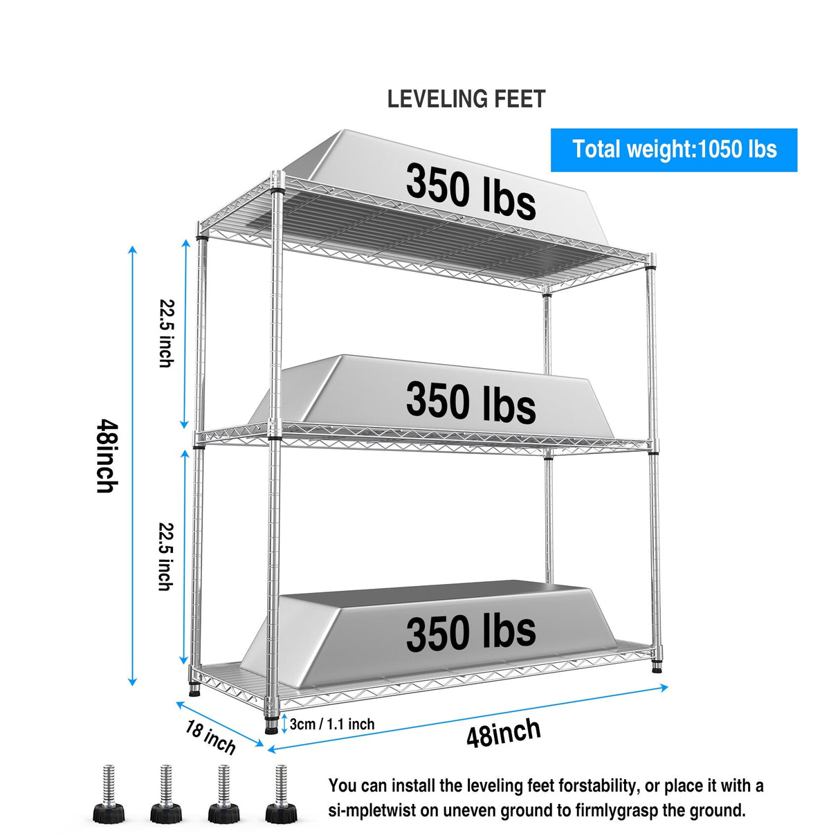 3 Tier NSF Certified Wire Shelving Unit - Iron and Plastic Construction with Heavy-Duty Load Capacity