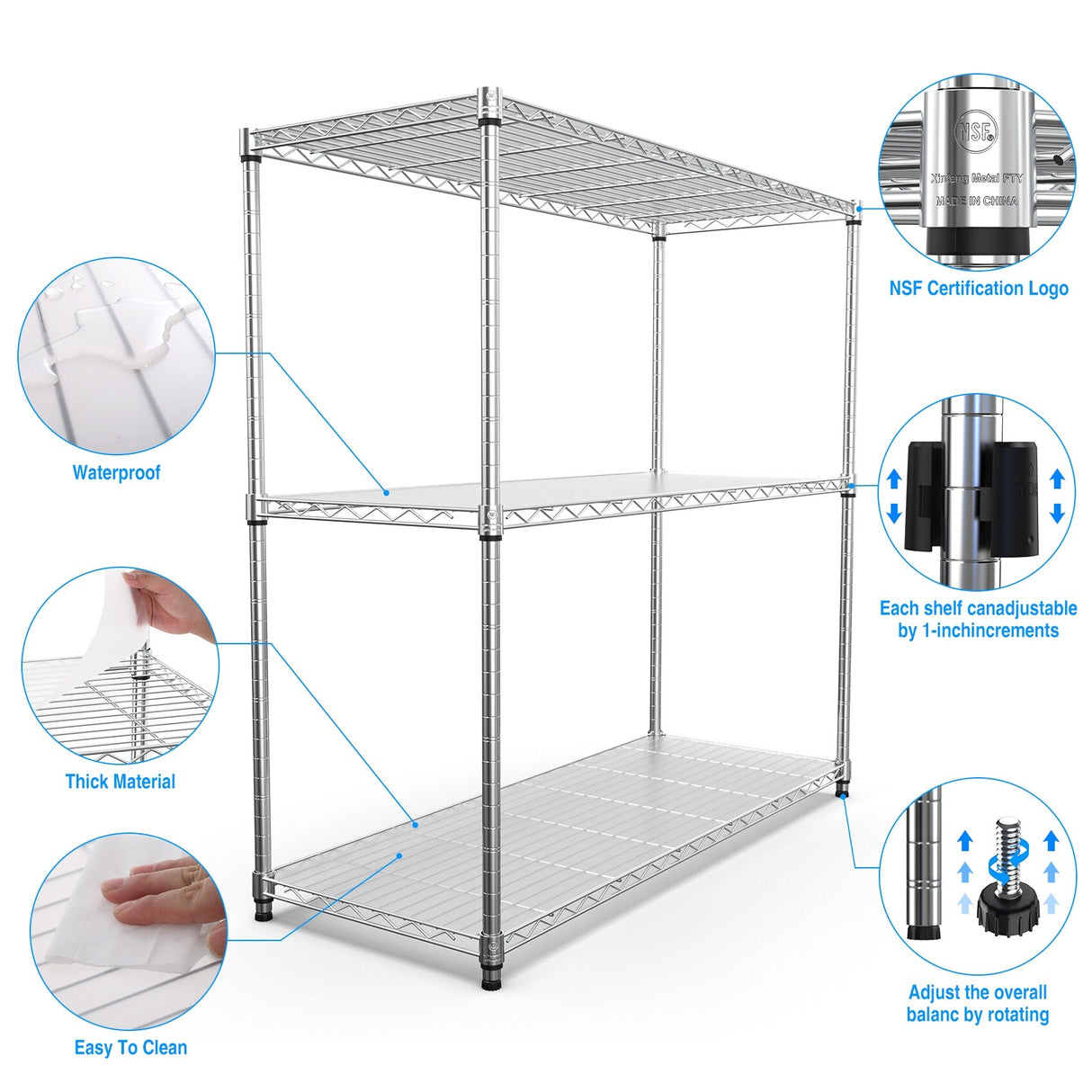 3 Tier NSF Certified Wire Shelving Unit - Iron and Plastic Construction with Heavy-Duty Load Capacity