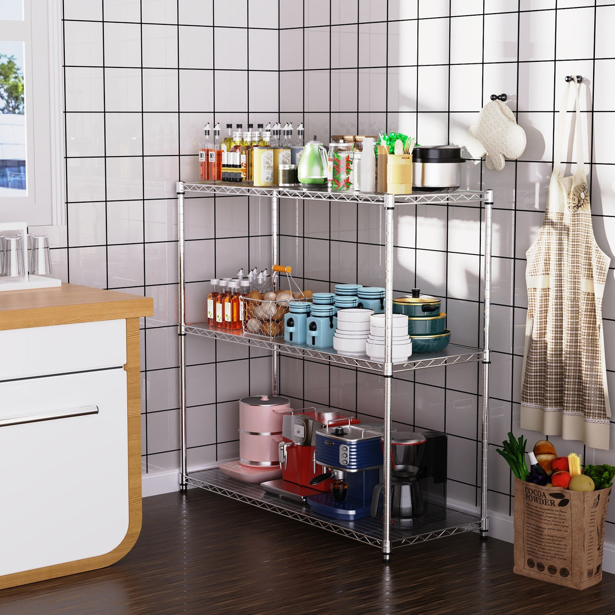 3 Tier NSF Certified Wire Shelving Unit - Iron and Plastic Construction with Heavy-Duty Load Capacity