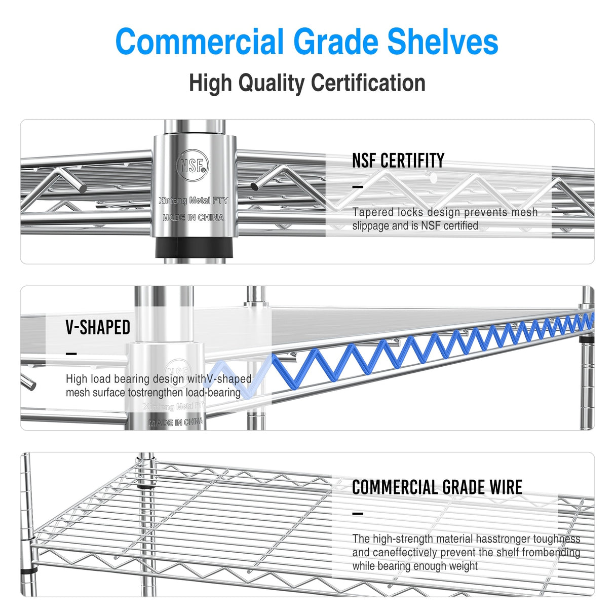 3 Tier NSF Certified Wire Shelving Unit - Iron and Plastic Construction with Heavy-Duty Load Capacity