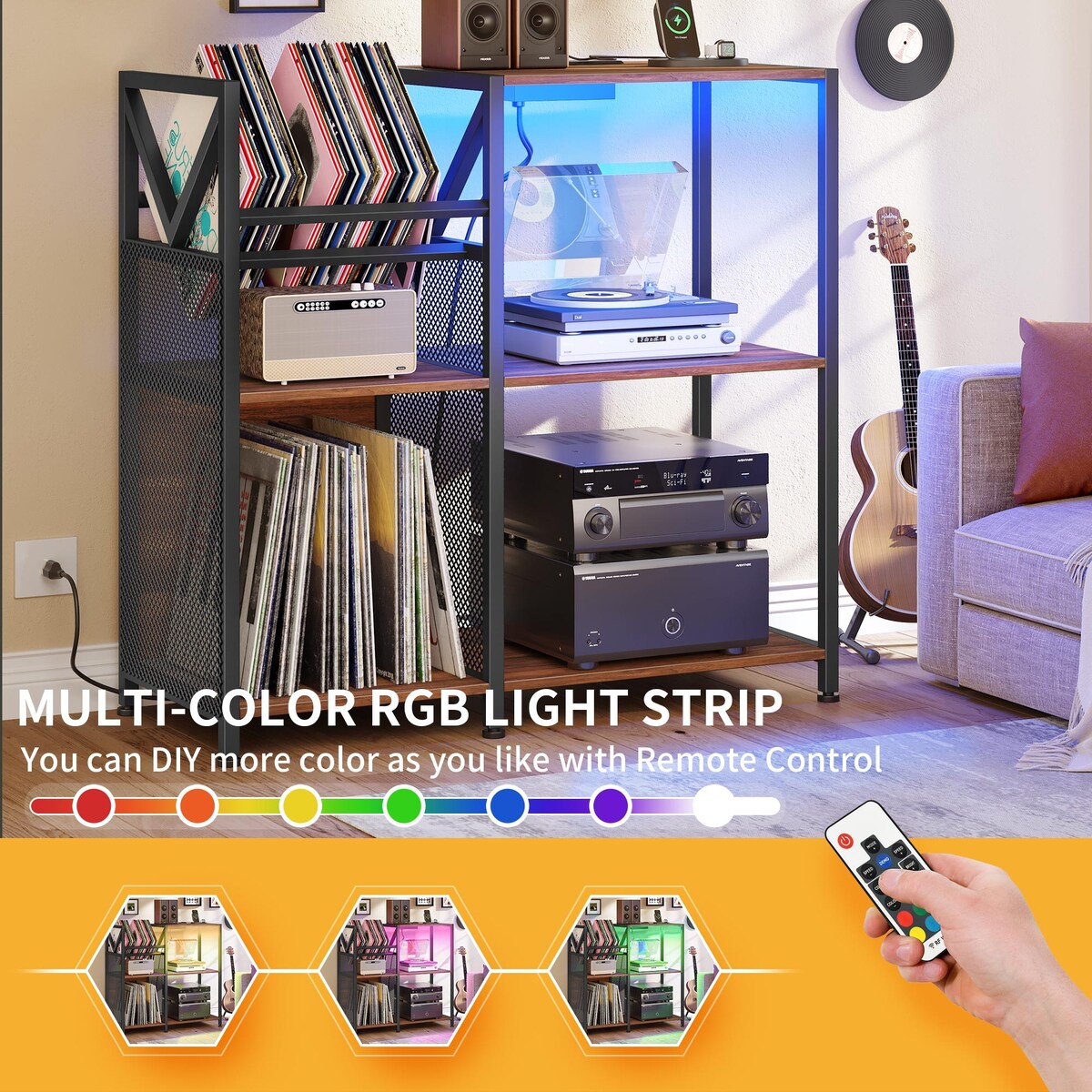3 Tier Record Player Stand DVD/ CD Media Storage Cabinet with Power Outlets