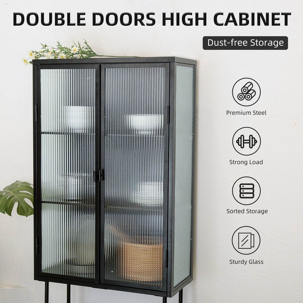 3-Tier Storage Cabinet, Glass Door Side Cabinet for Kitchen & Bathroom
