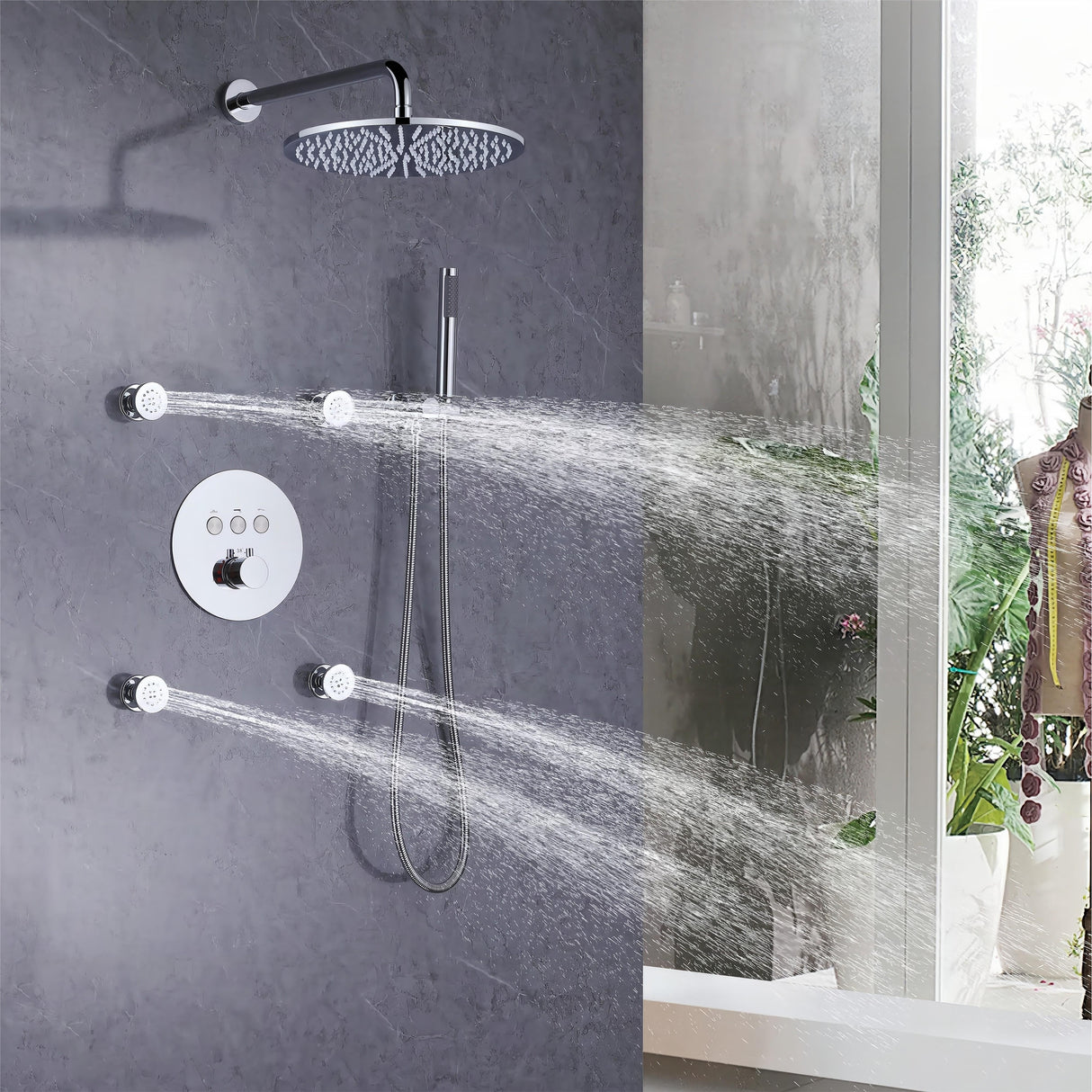 3-Way Complete 12'' Rain Shower System with 4 Body Jets and High-pressure Handheld Shower Head in Black/Nickel/Chrome, Wall