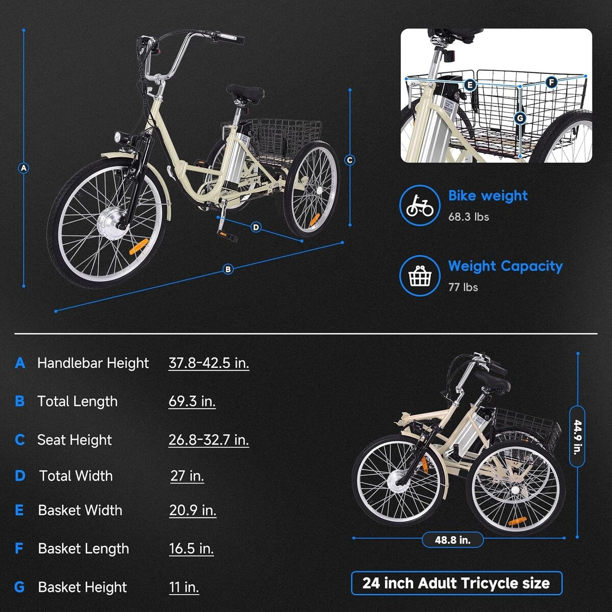 3 Wheel Folding 7 Speed Electric Bicycle for Adults with Basket