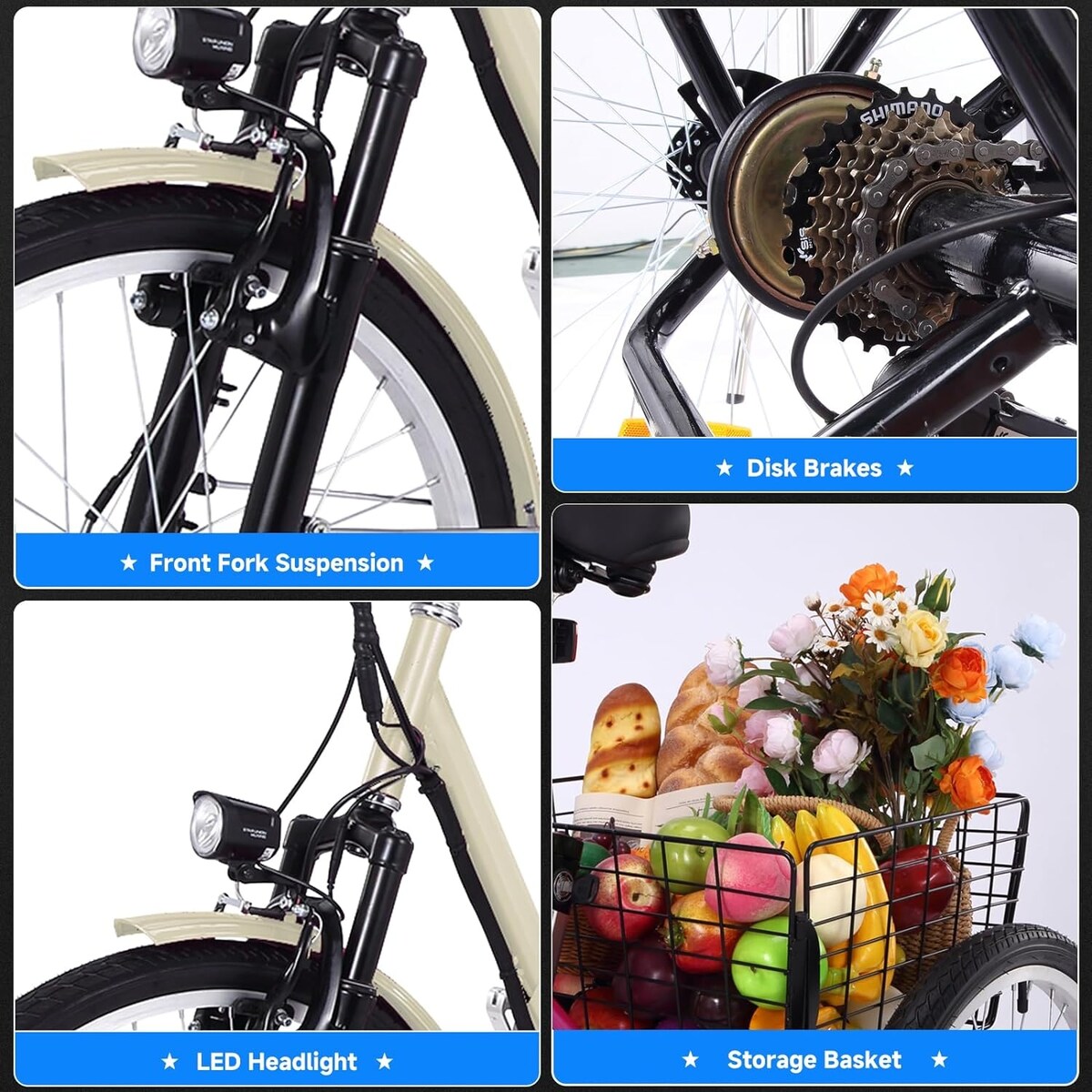 3 Wheel Folding 7 Speed Electric Bicycle for Adults with Basket