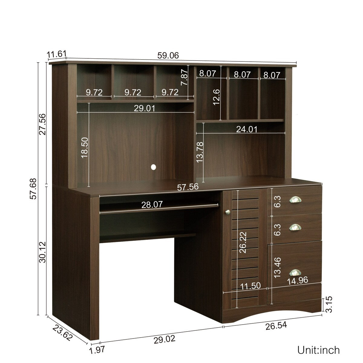 3 drawers and multiple storage shelves, home office computer desk