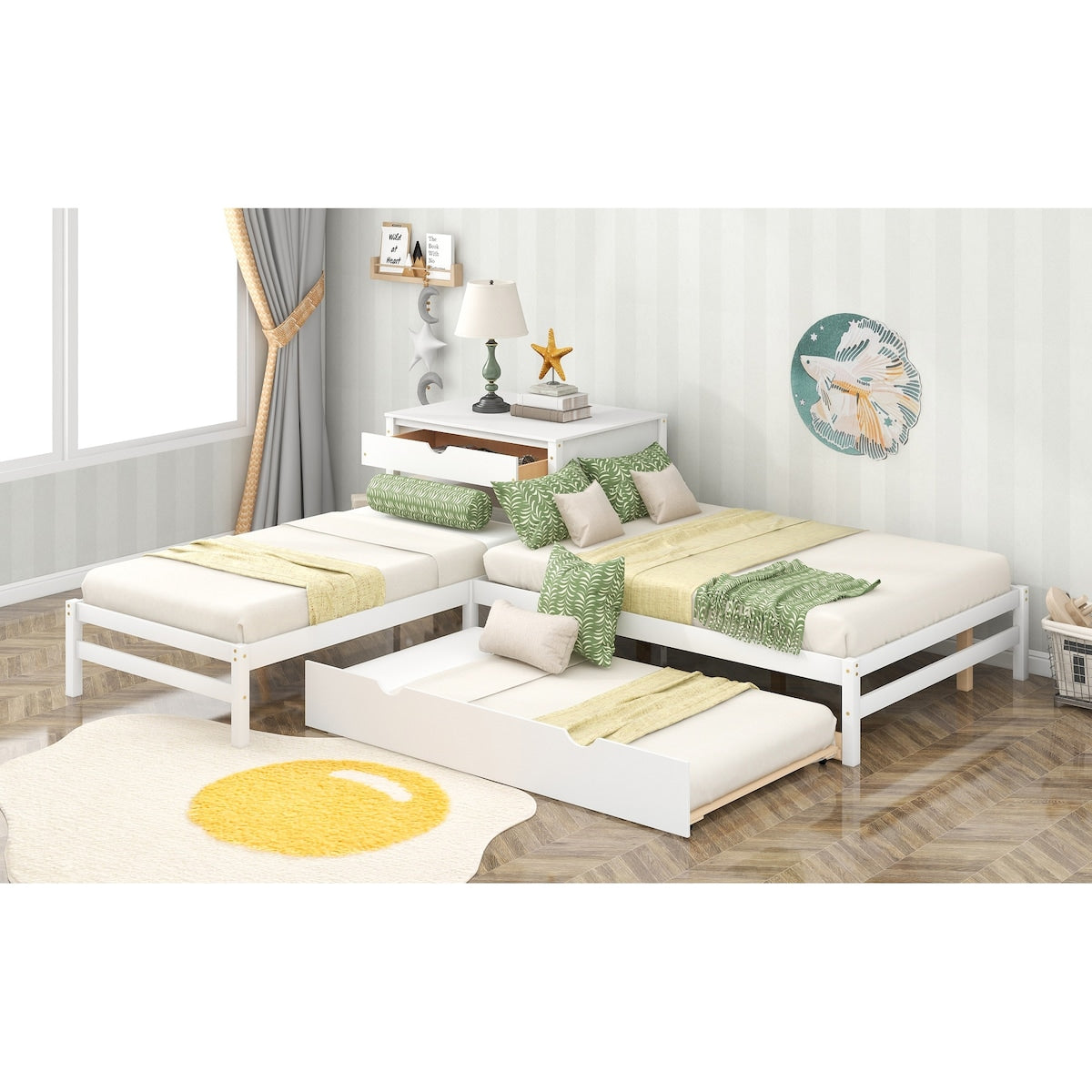 3 in 1 Design L-Shaped Corner Platform Beds with Desk&Trundle&Drawer for Small Bedroom City Aprtment Dorm