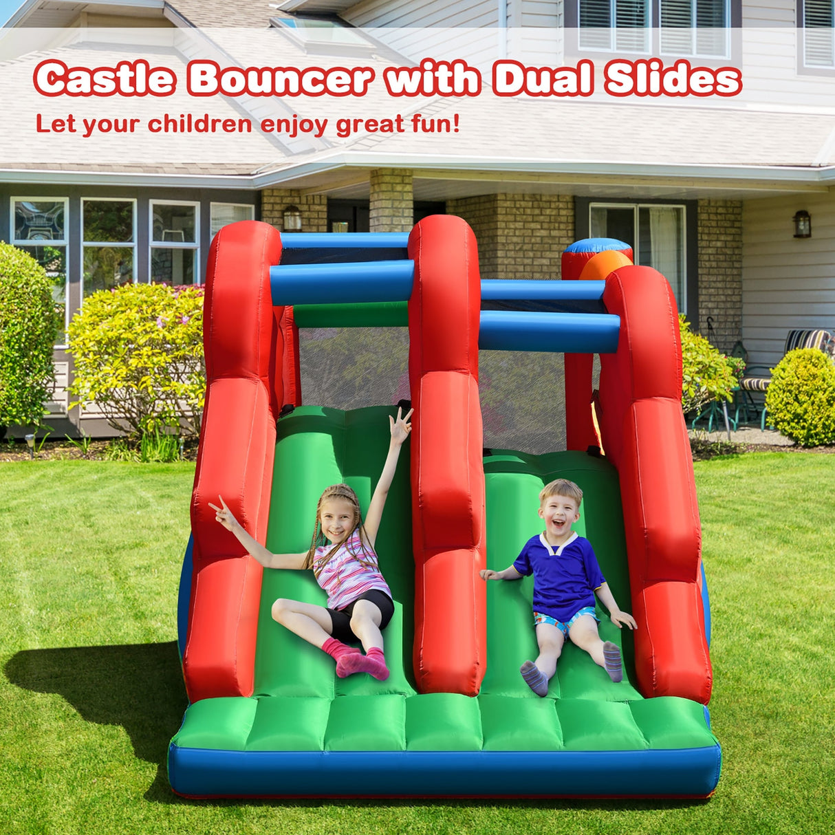 3-in-1 Inflatable Bounce House Jumping Castle Bouncer w/ Blower - Blue+ Green + Red + Orange