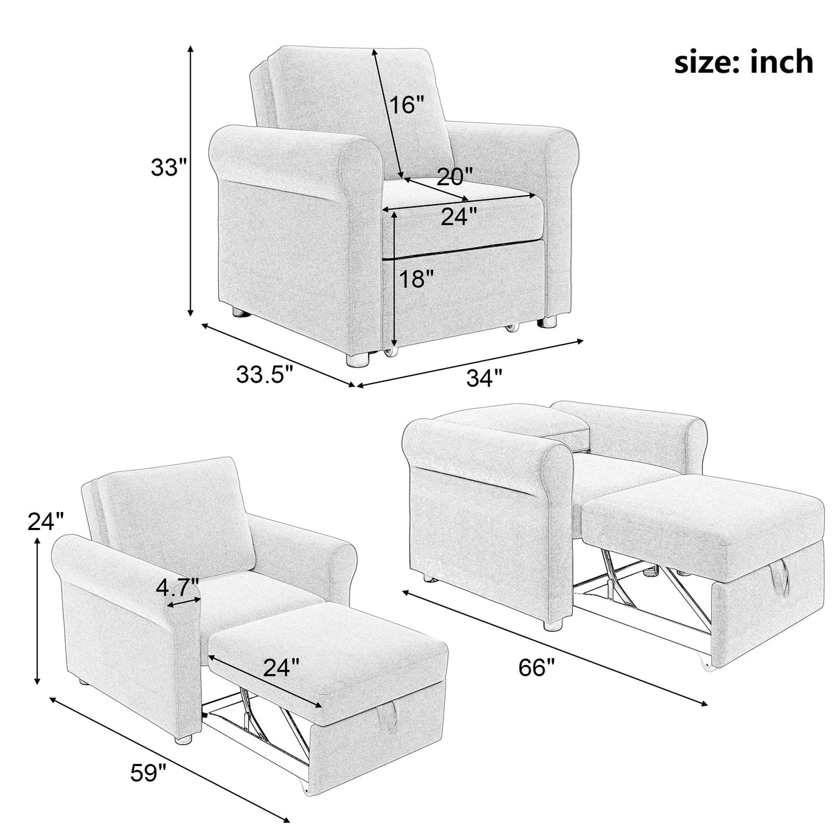 3-in-1 Modern Accent Chair with Adjust Backrest Convertible Sofa Bed - 34"x33"x33"H