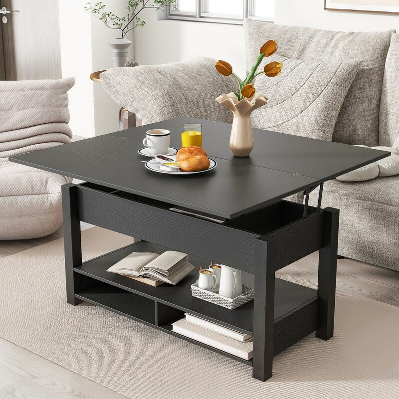 3 in 1 Multi-Functional Lift Top Coffee Table, Lift Tabletop Dining Table with Open Shelves