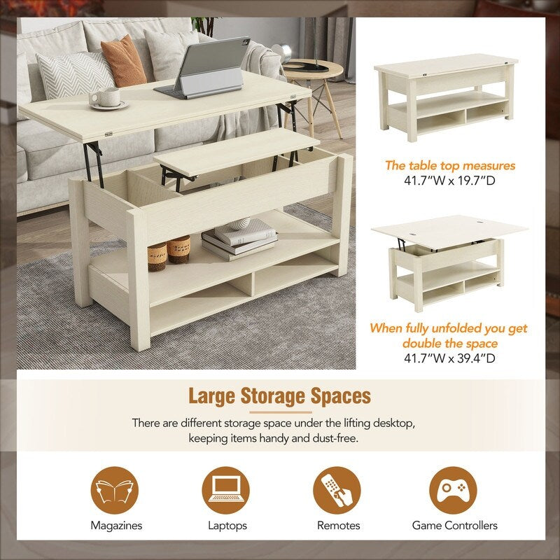 3 in 1 Multi-Functional Lift Top Coffee Table, Lift Tabletop Dining Table with Open Shelves