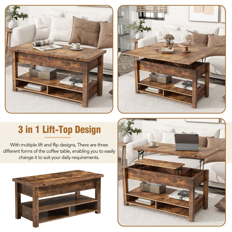 3 in 1 Multi-Functional Lift Top Coffee Table, Lift Tabletop Dining Table with Open Shelves