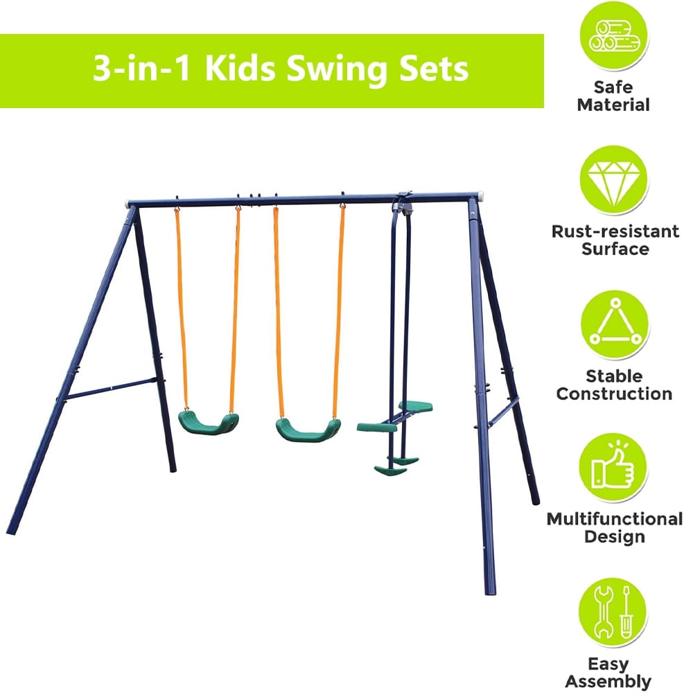 3-in-1 Outdoor Playground Equipment Kids Swing Sets w/Swings & Glider