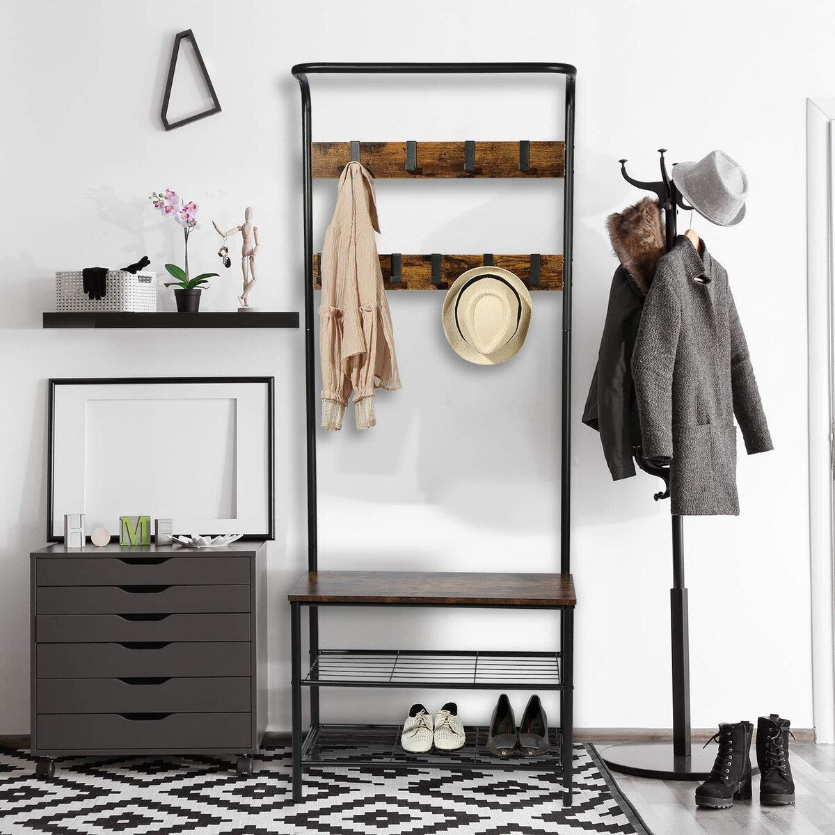 3-in1 Hall Tree Coat Rack Shoe Bench with Hooks