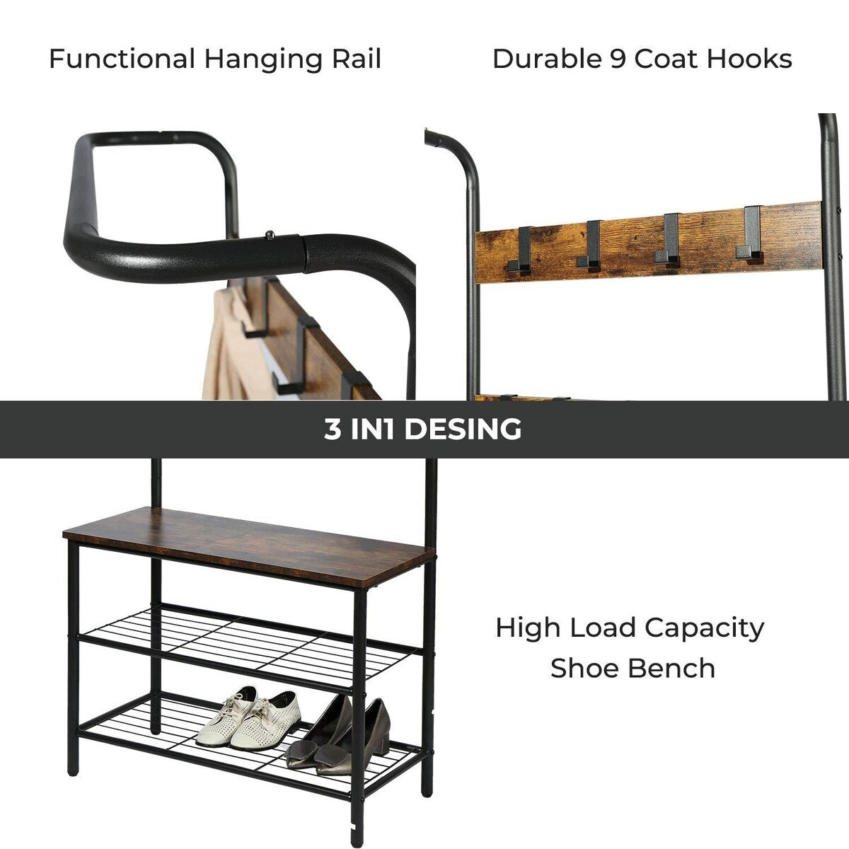 3-in1 Hall Tree Coat Rack Shoe Bench with Hooks
