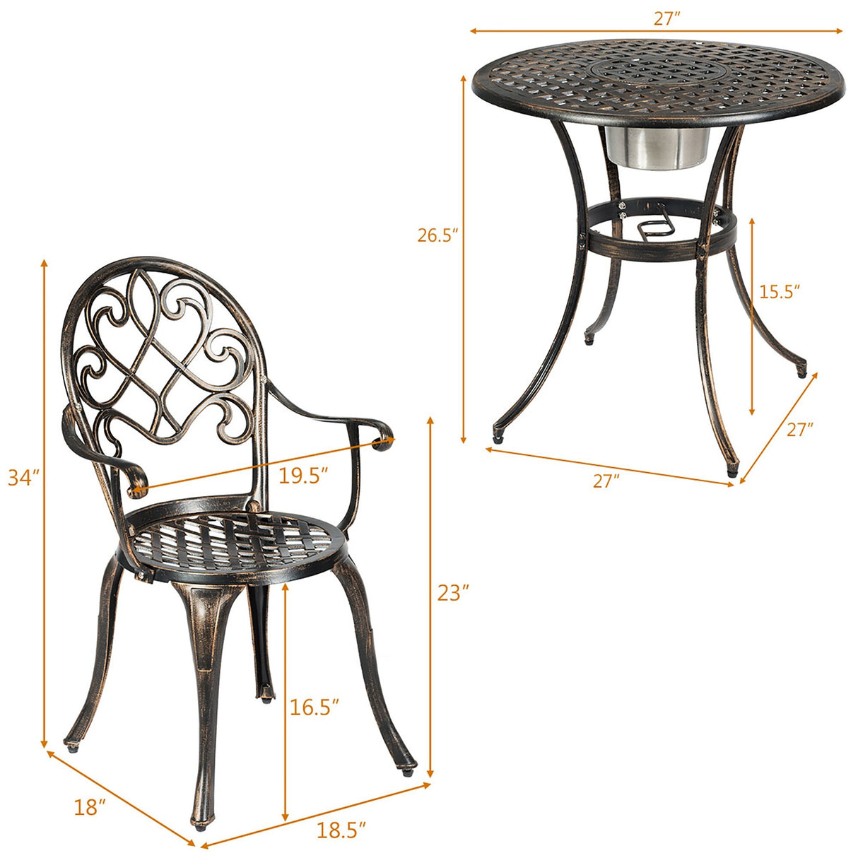 3 pcs Bistro Table Set Cast Aluminum Outdoor Patio Furniture Set