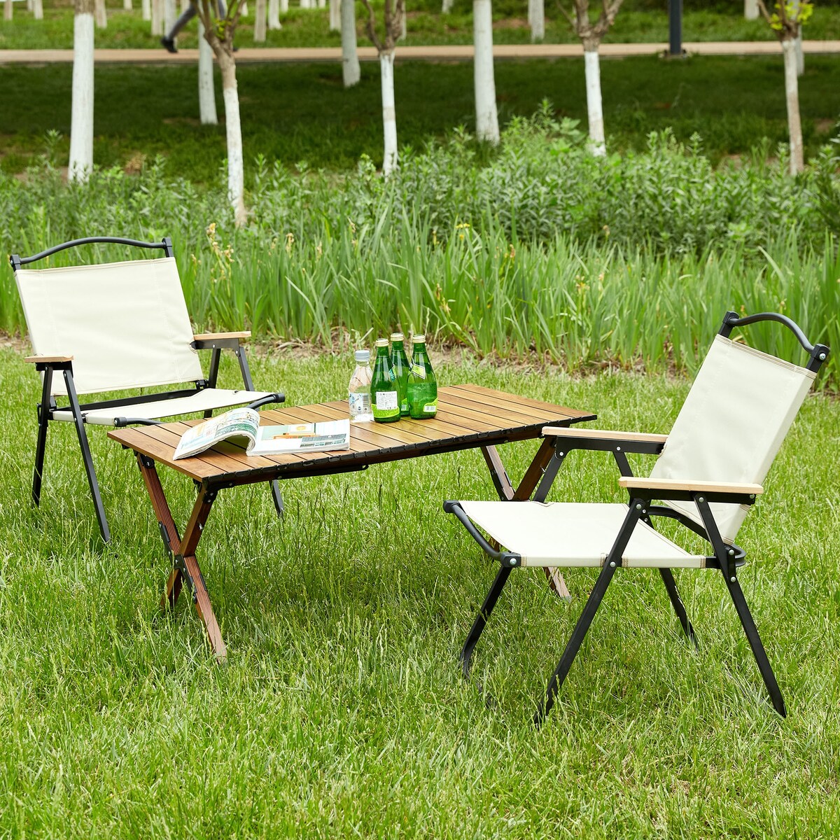 3-piece Folding Outdoor Table and two chairs,Lightweight Aluminum Roll-up Square for indoor, Outdoor Camping