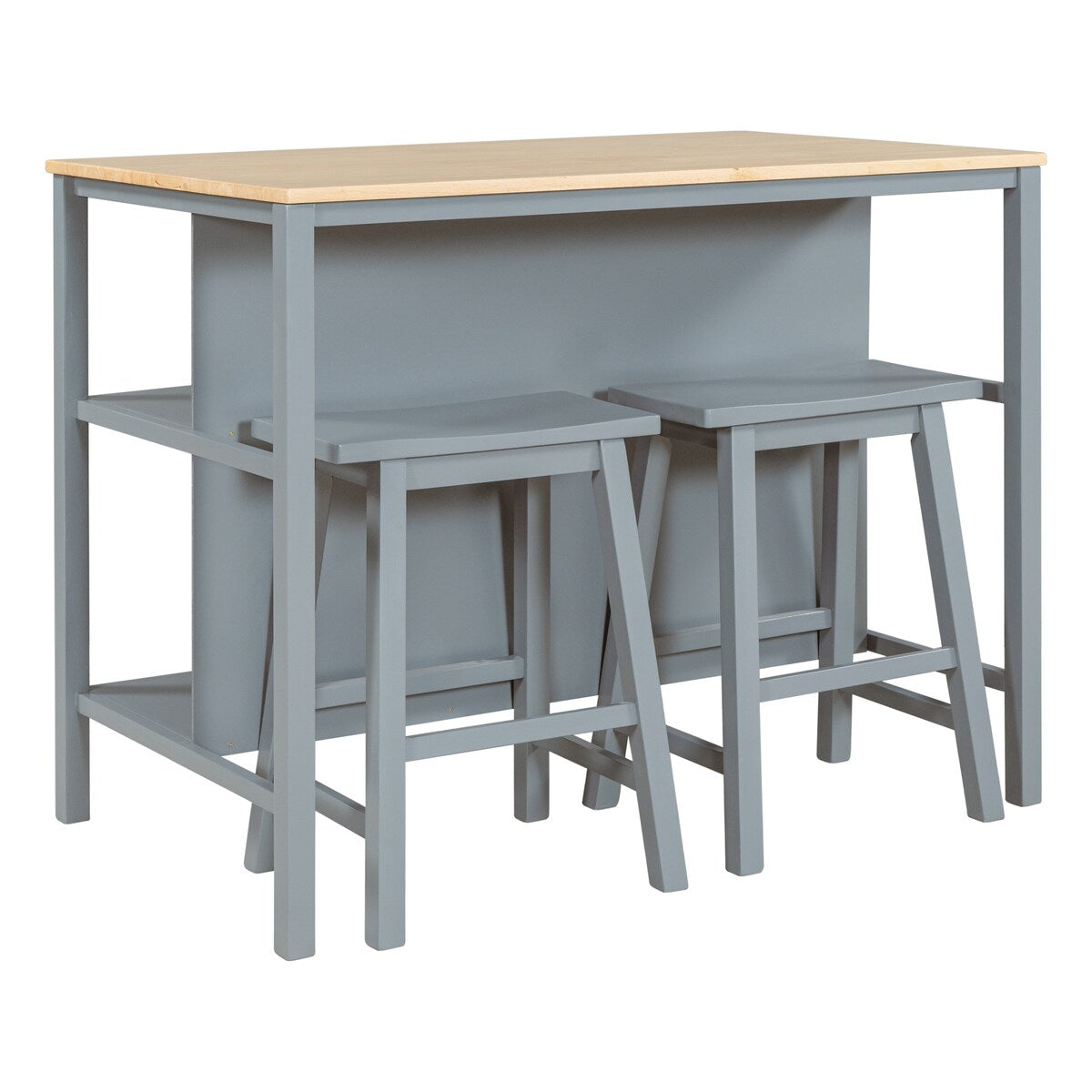 3-piece Kitchen Island Set with 2 Seatings, Rubber Wood Butcher Block Dining Table Set