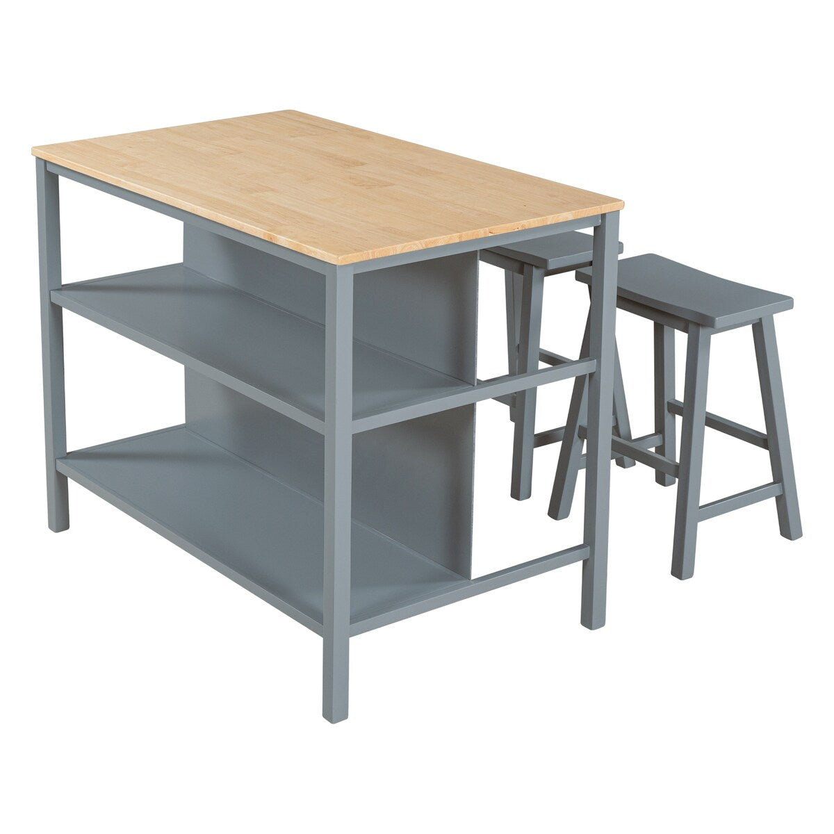 3-piece Kitchen Island Set with 2 Seatings, Rubber Wood Butcher Block Dining Table Set
