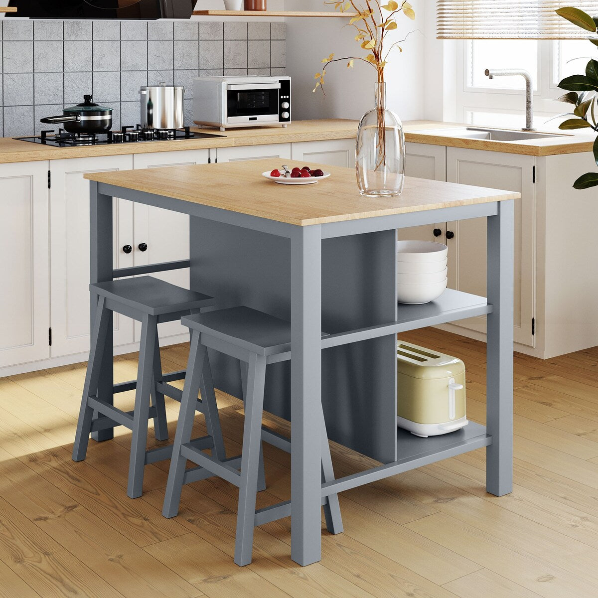 3-piece Kitchen Island Set with 2 Seatings, Rubber Wood Butcher Block Dining Table Set