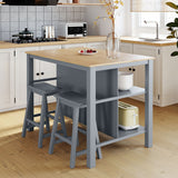3-piece Kitchen Island Set with 2 Seatings, Rubber Wood Butcher Block Dining Table Set