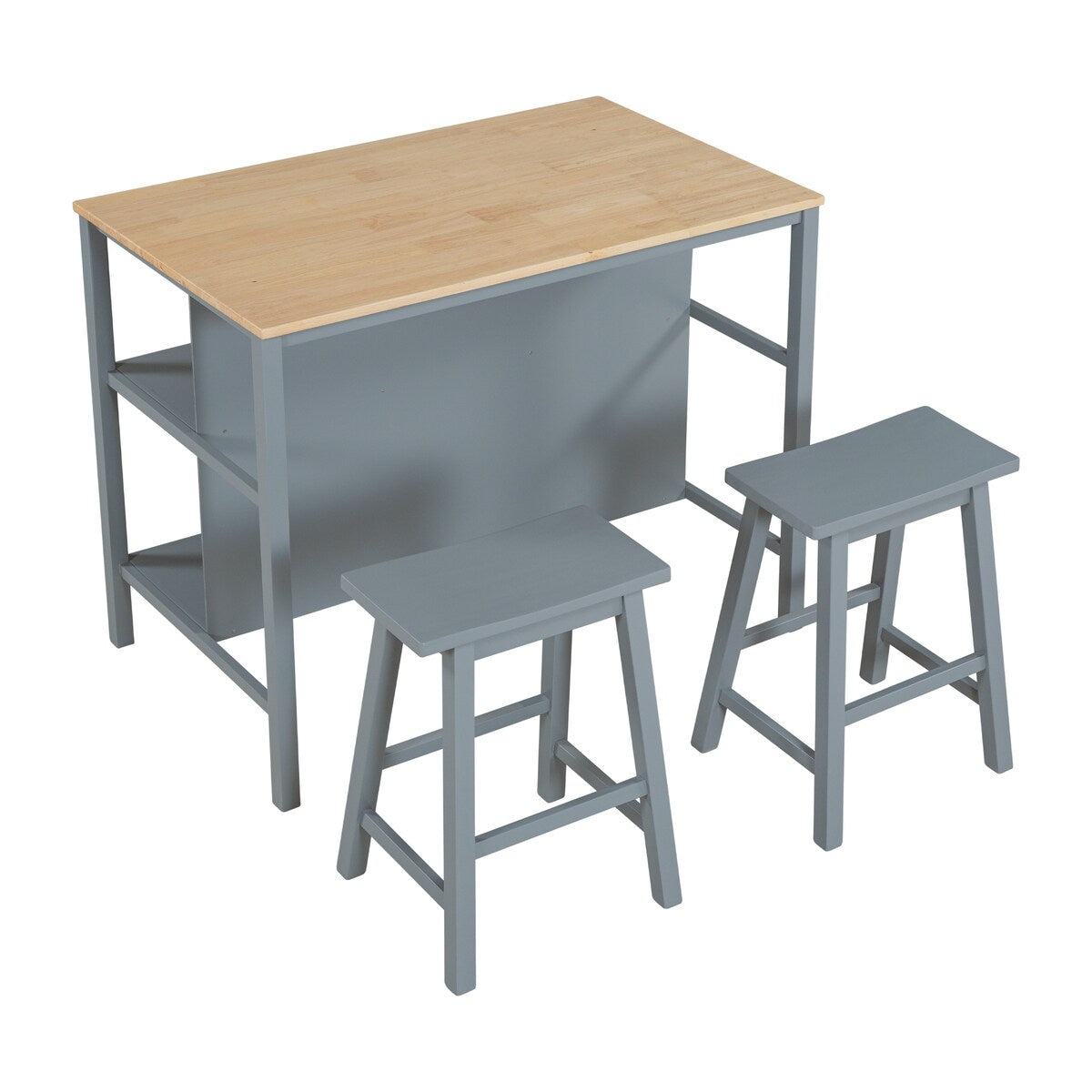 3-piece Kitchen Island Set with 2 Seatings, Rubber Wood Butcher Block Dining Table Set