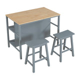 3-piece Kitchen Island Set with 2 Seatings, Rubber Wood Butcher Block Dining Table Set