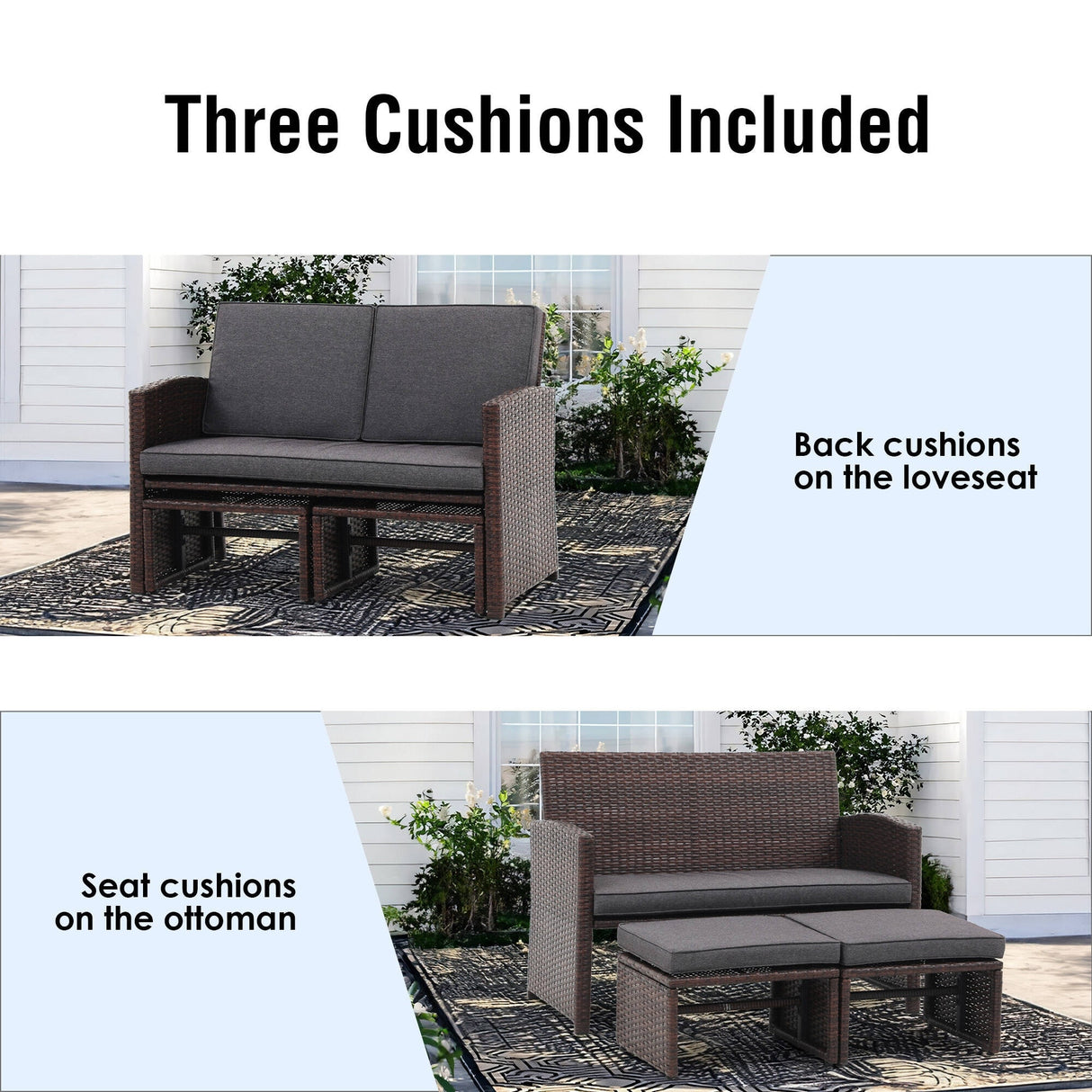 3-piece Outdoor Rattan Sofa Set with Cushions