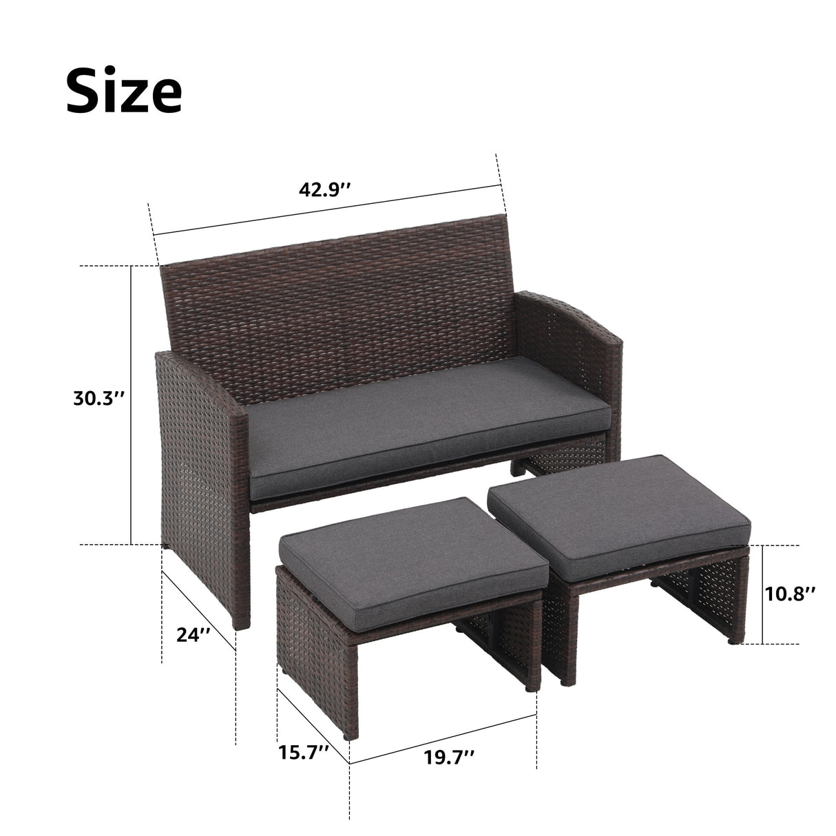 3-piece Outdoor Rattan Sofa Set with Cushions