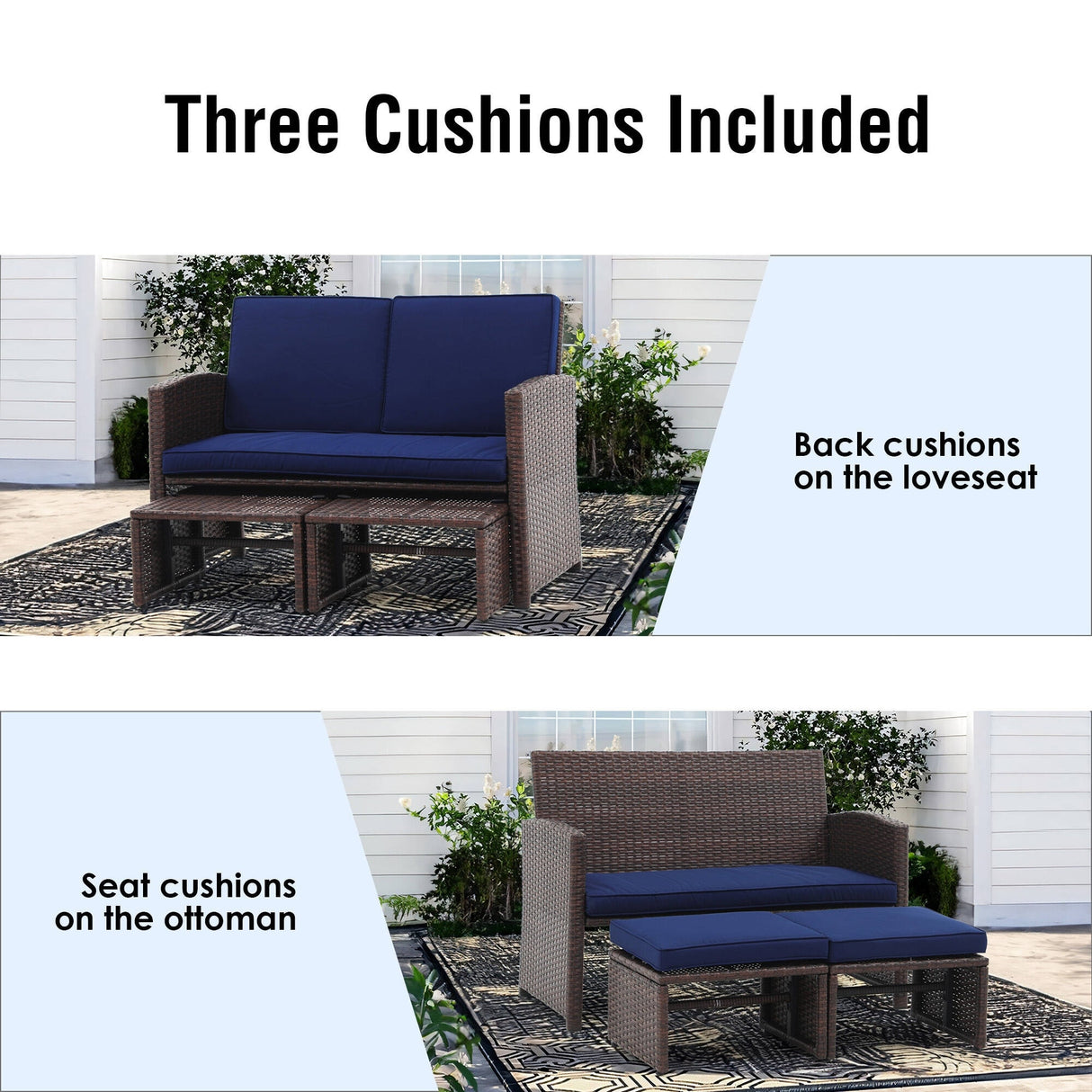 3-piece Outdoor Rattan Sofa Set with Cushions