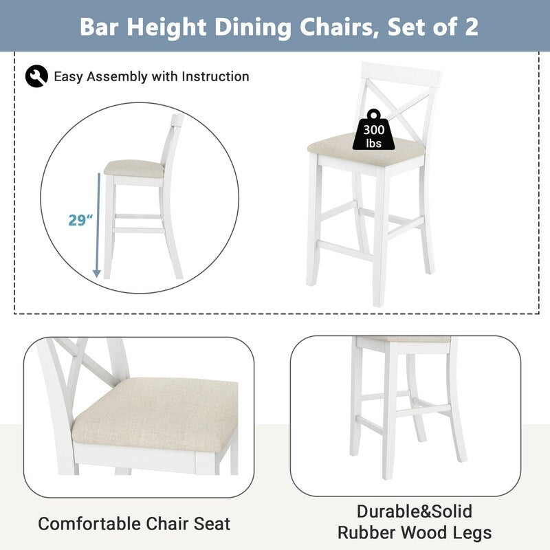3 piece bar table set, 48-inch narrow table and 2 upholstered chairs, kitchen bar height Dining room set