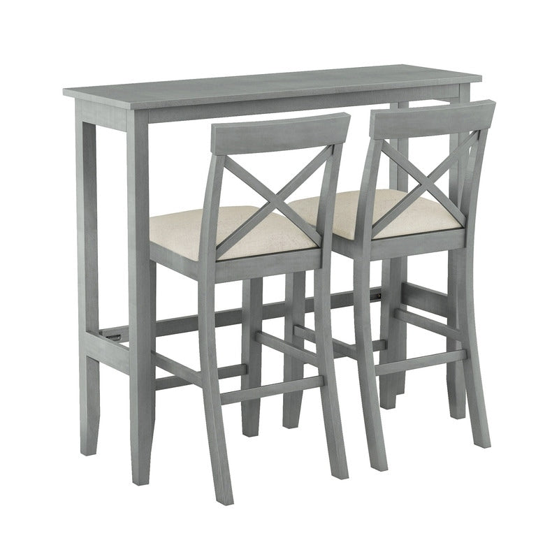 3 piece bar table set, 48-inch narrow table and 2 upholstered chairs, kitchen bar height Dining room set