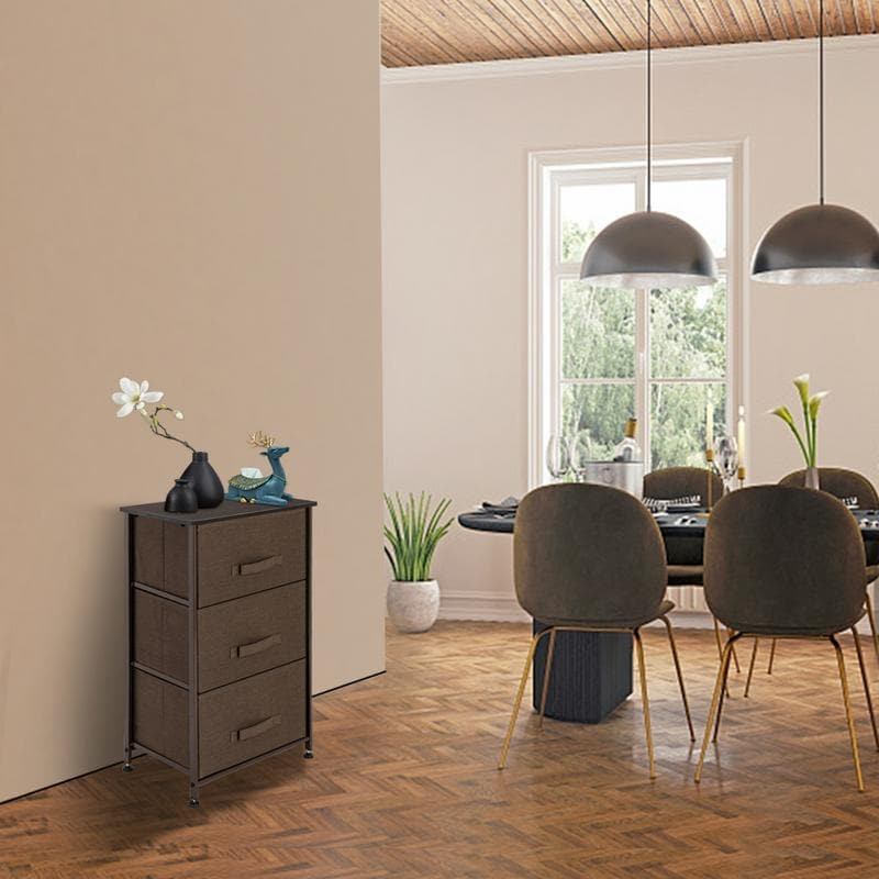 3-tier Vertical Dresser Storage Tower - Sturdy Steel Frame, Wood Top, Easy Pull Fabric Bins