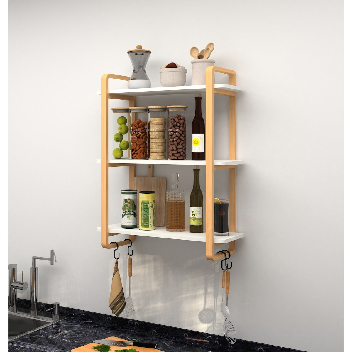 3-tiers Wood Bookcase, Wall Mount Open Bookshelf Furniture with Solid Wood Frame