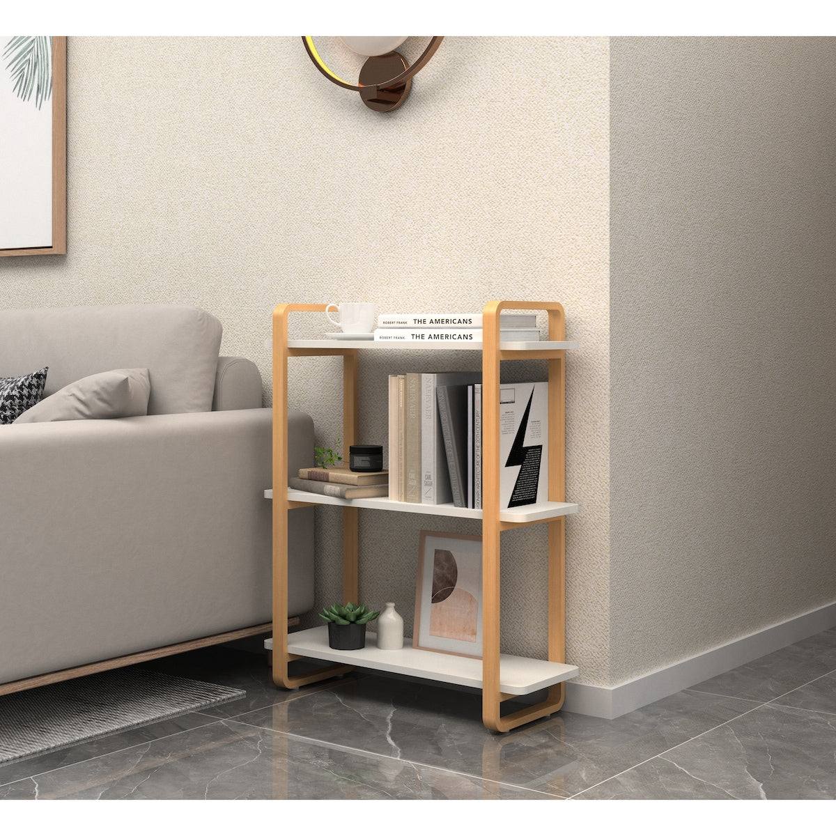 3-tiers Wood Bookcase, Wall Mount Open Bookshelf Furniture with Solid Wood Frame
