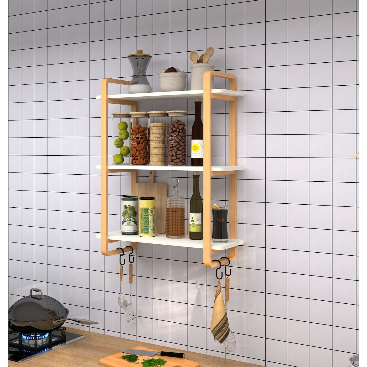 3-tiers Wood Bookcase, Wall Mount Open Bookshelf Furniture with Solid Wood Frame