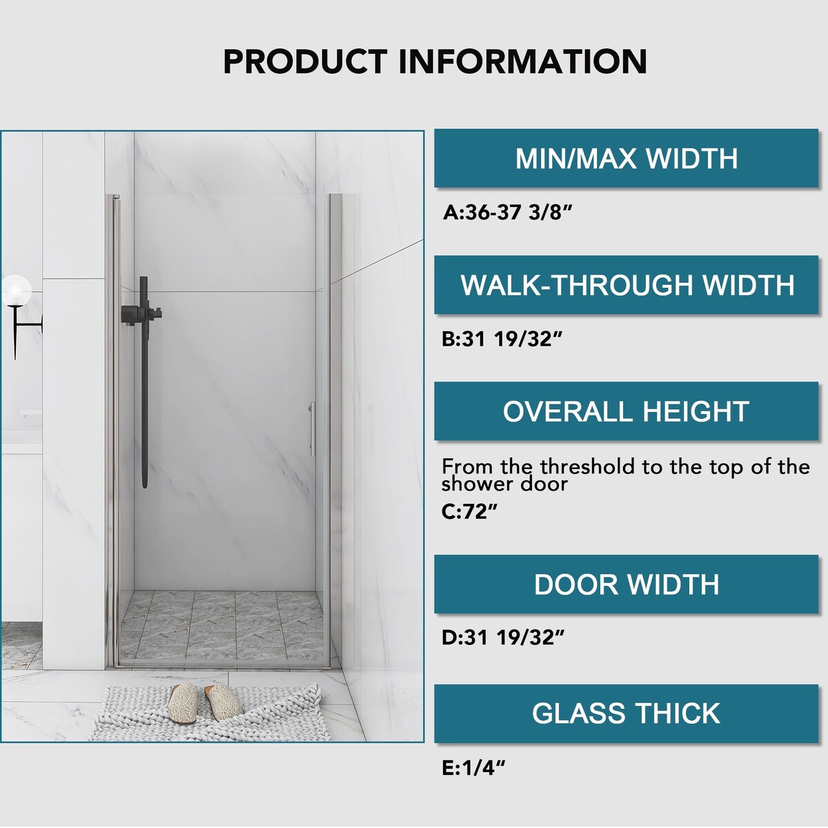 30/32/34/36 Inch Semi-Frameless Pivot Shower Door with Clear Tempered Glass