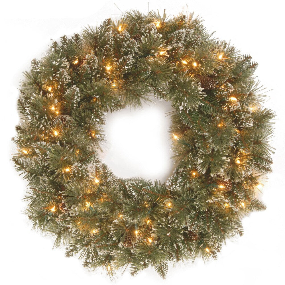 National Tree Company 30 in. Glittery Bristle Pine Wreath with White Tipped Cones and 50 Clear Lights