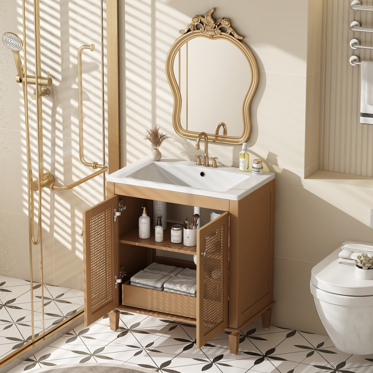 30 Inch Bathroom Vanity with Resin Sink, Freestangding Bathroom Vanity Set with Hidden Drawer, Storage Cabient for Bathroom