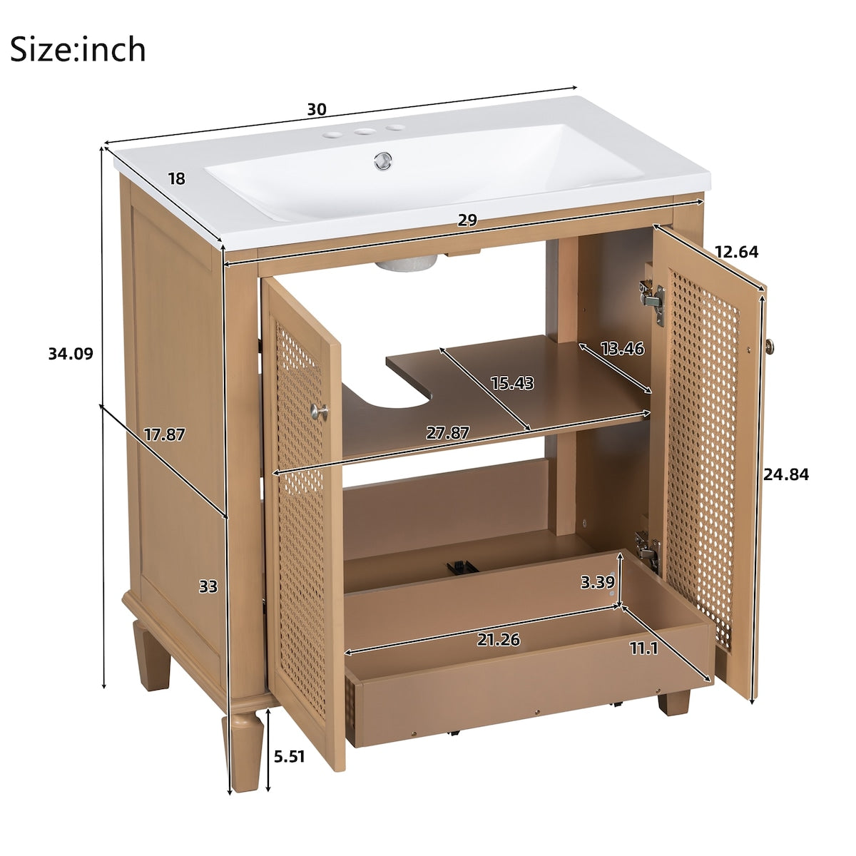 30 Inch Bathroom Vanity with Resin Sink, Freestangding Bathroom Vanity Set with Hidden Drawer, Storage Cabient for Bathroom