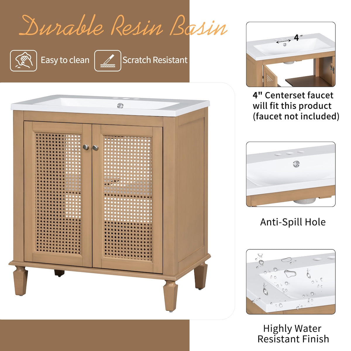 30 Inch Bathroom Vanity with Resin Sink, Freestangding Bathroom Vanity Set with Hidden Drawer, Storage Cabient for Bathroom