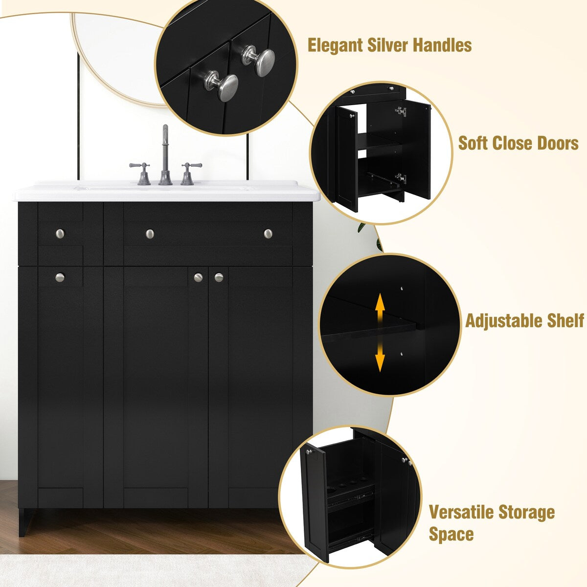 30-Inch Black Bathroom Vanity with Ceramic Sink Combo, Abundant Storage Cabinet
