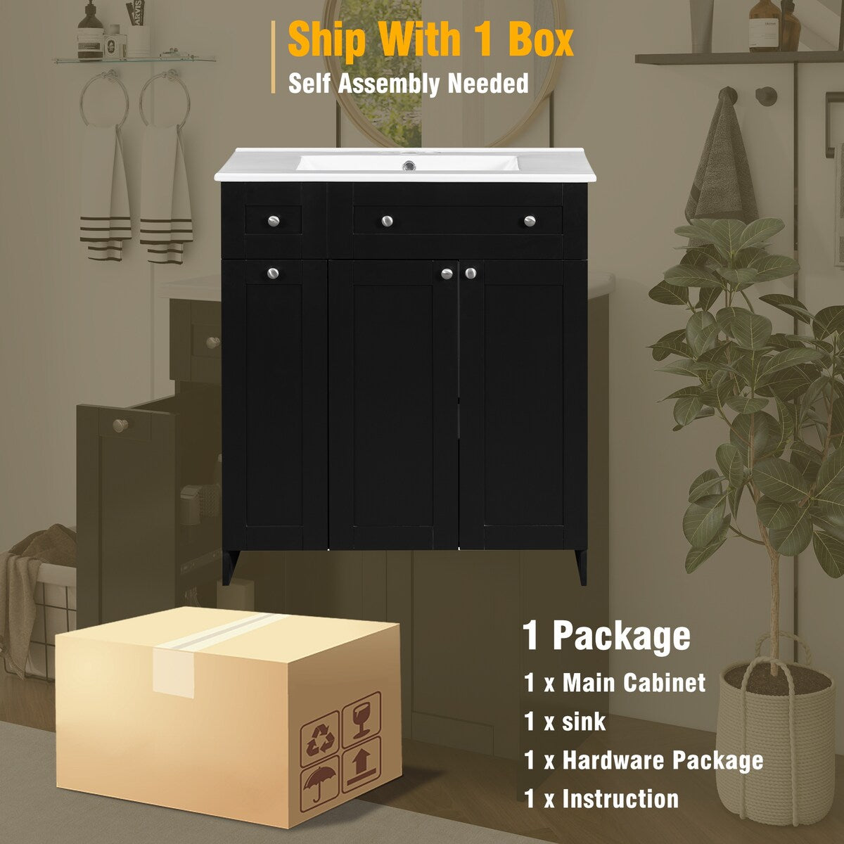 30-Inch Black Bathroom Vanity with Ceramic Sink Combo, Abundant Storage Cabinet