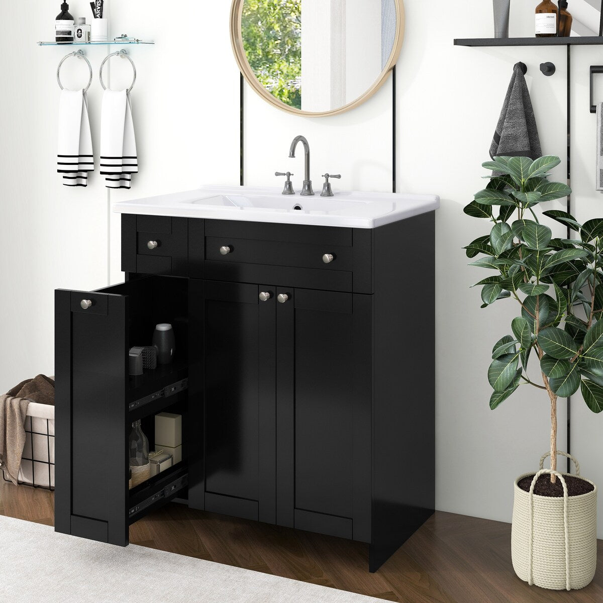 30-Inch Black Bathroom Vanity with Ceramic Sink Combo, Abundant Storage Cabinet