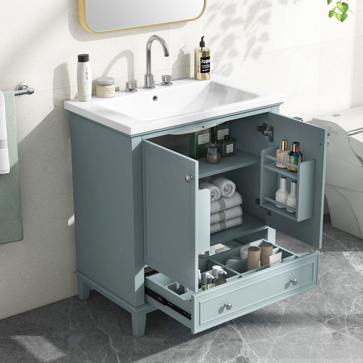 30 Inch Freestanding Bathroom Vanity Set in Green with Drawer and Ceramic Sink - 30" x 35" in.