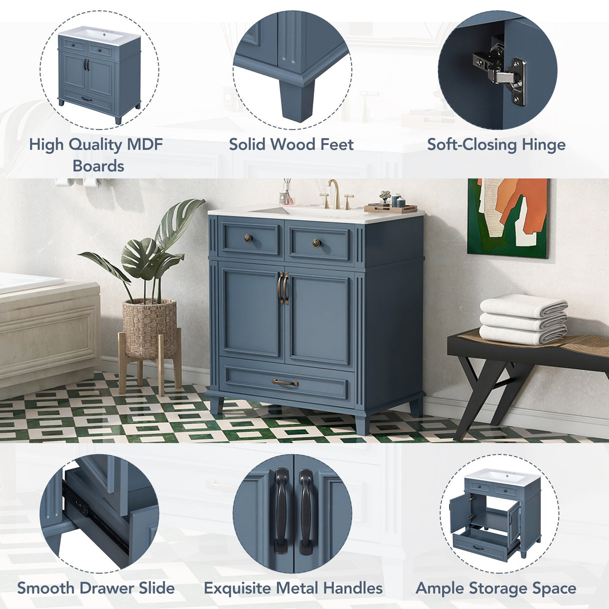 30 Inch Freestanding Bathroom Vanity with Sink, Soft Close Doors, Single Drawer, Solid Wood Frame